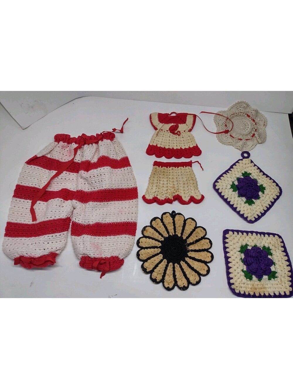 Vintage Handmade Crochet Lot Potholders Doll Clothes Doily Granny Cottagecore